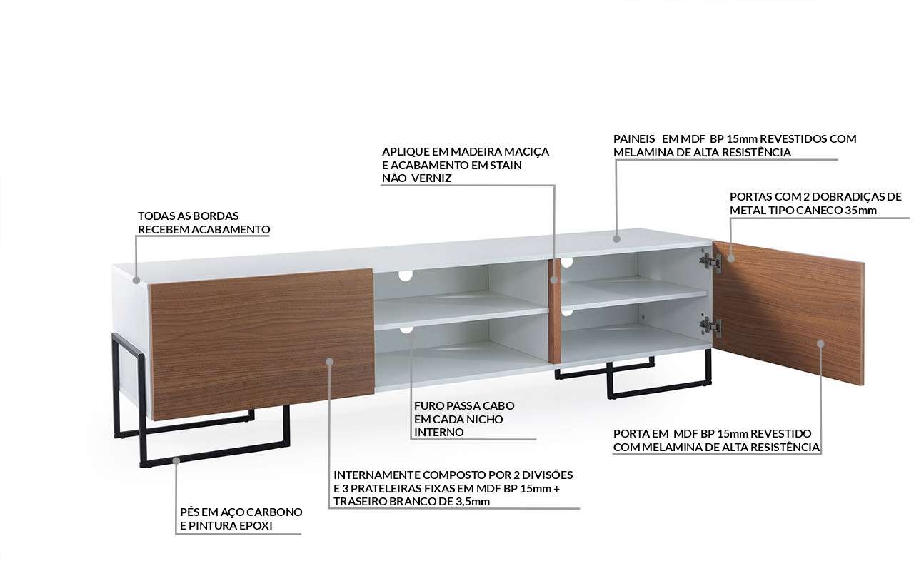 Rack Estilo Industrial 2 Portas Crosby 180 cm MDF Branco e Freijó