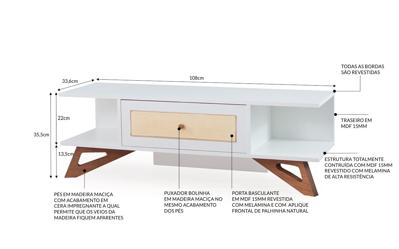 Rack Pequeno de TV Stills MDF Branco e Madeira JT