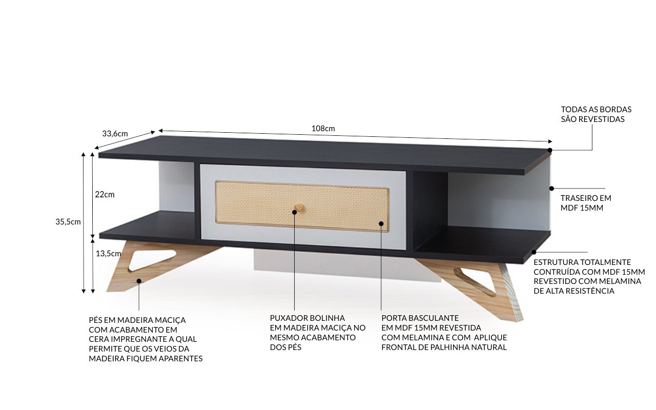Rack para TV Pequeno Stills MDF Preto e Branco e Madeira Natural