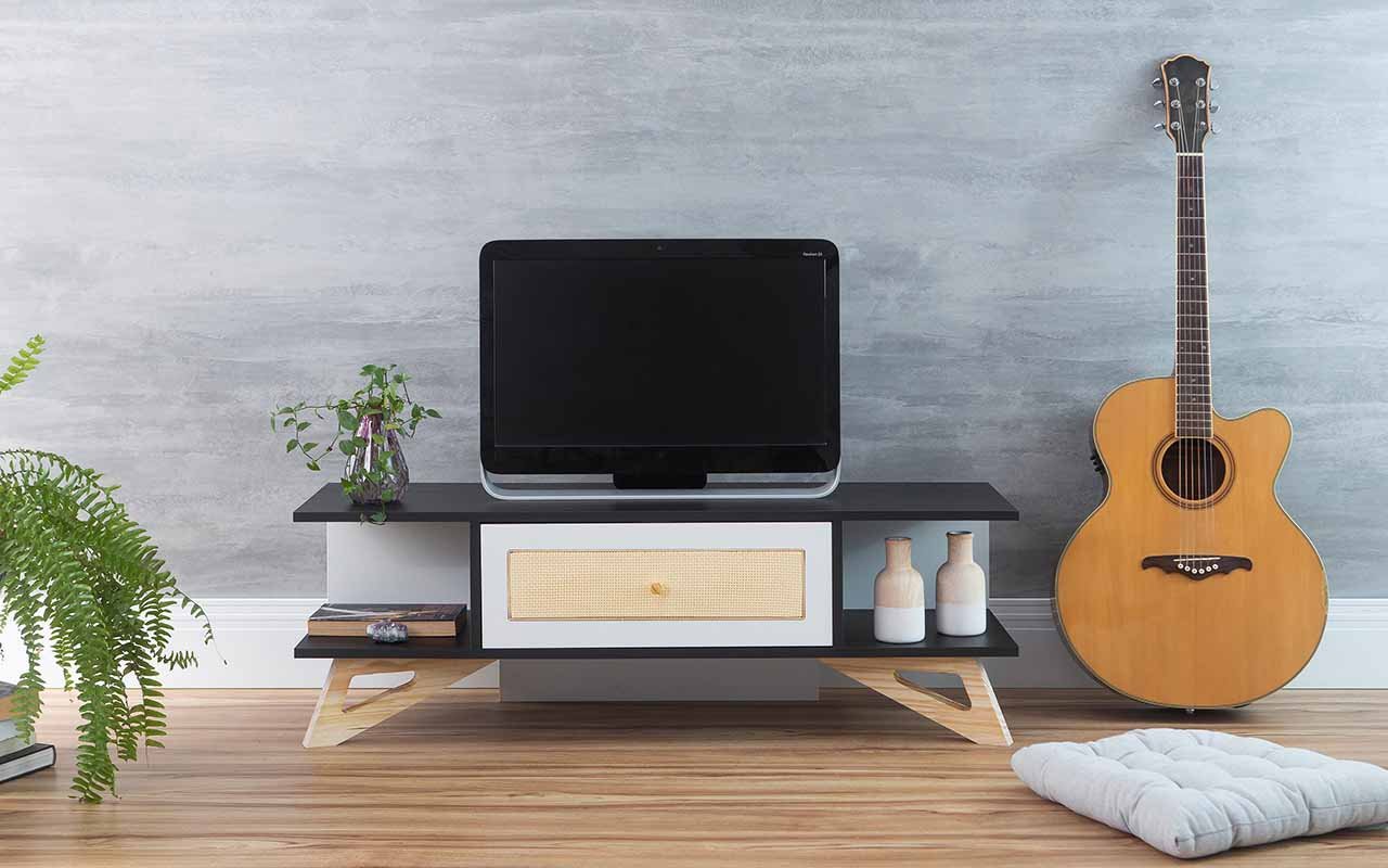 Rack para TV Pequeno Stills MDF Preto e Branco e Madeira Natural