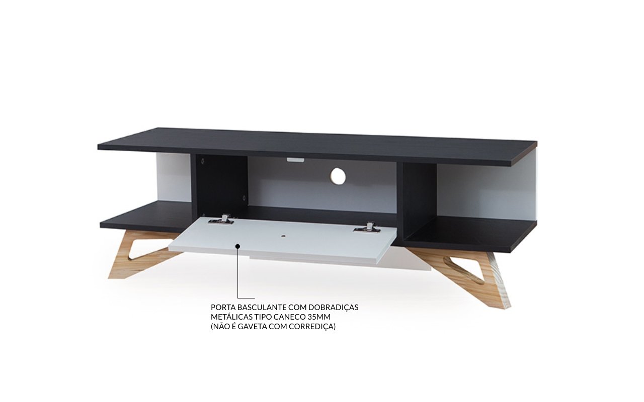 Rack para TV Pequeno Stills MDF Preto e Branco e Madeira Natural